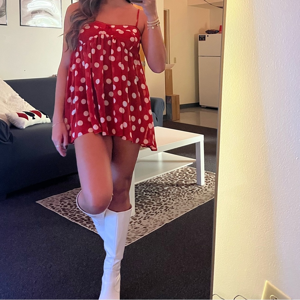 Cider red and white polka dot baby doll dress